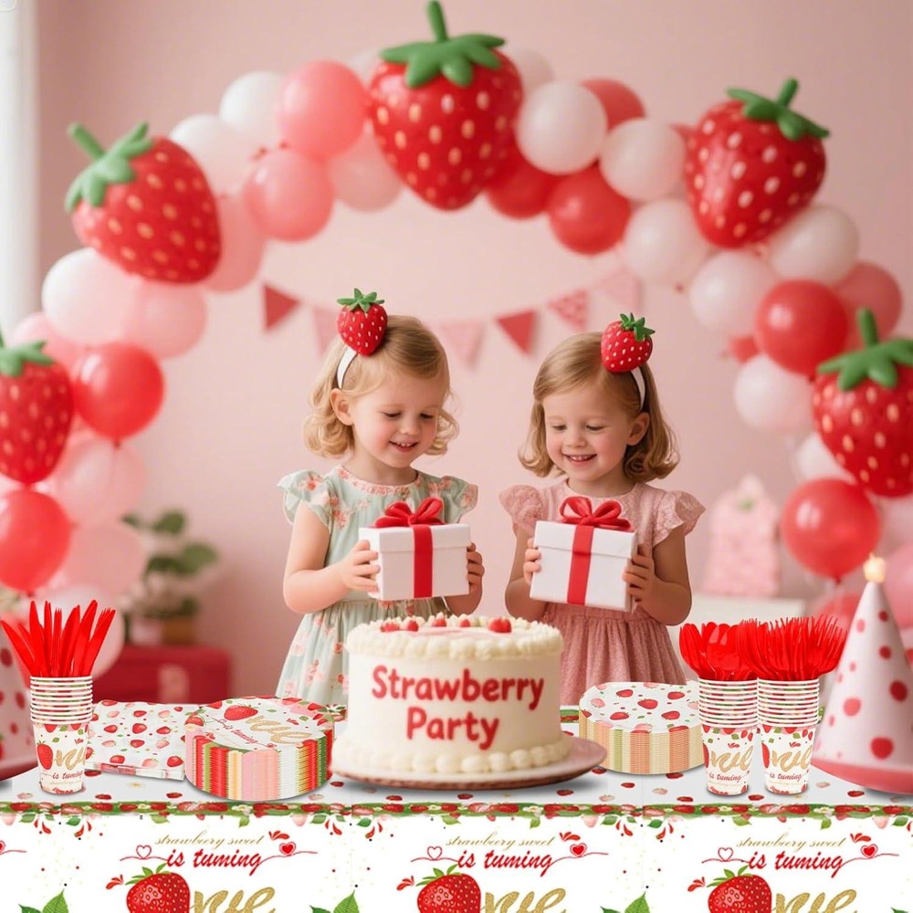 169 Piece Strawberry Sweet 1st Birthday Party Supplies Dinnerware Set-Serves 24‎